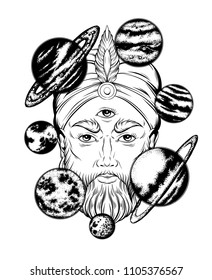 Vector hand drawn illustration of fortune teller with planets. Surreal artwork. Template for card, poster. banner, print for t-shirt, pin, badge, patch.