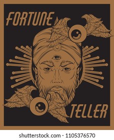 Vector hand drawn illustration of fortune teller with flying eyeballs. Surreal artwork. Template for card, poster. banner, print for t-shirt, pin, badge, patch.