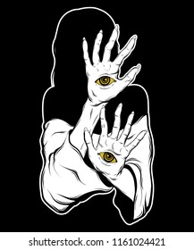 Vector hand drawn illustration of fortune teller with eyes on hands isolated. Creative tattoo artwork. Template for card, poster. banner, print for t-shirt, pin, badge, patch.