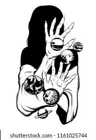 Vector hand drawn illustration of fortune teller with planets . Creative tattoo artwork. Template for card, poster. banner, print for t-shirt, pin, badge, patch.
