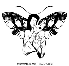 Vector hand drawn illustration of fortune teller withwings of human faces. Creative tattoo artwork. Template for card, poster. banner, print for t-shirt, pin, badge, patch.