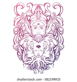 Vector hand drawn illustration of fortune teller with three eyes. Hand sketched creative artwork with baroque and floral motives. Template for card poster, banner, print for t-shirt. Tattoo art.