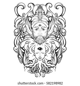 Vector hand drawn  illustration of fortune teller with three eyes. Hand sketched creative boho artwork with baroque and floral motives. Template for card poster, banner, print for t-shirt. Tattoo art.