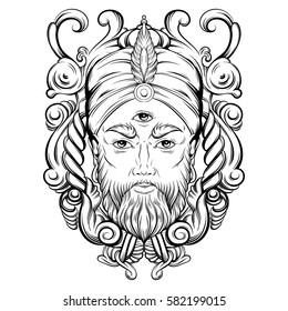 Vector hand drawn illustration of fortune teller with three eyes. Hand sketched creative artwork with baroque and floral motives. Template for card poster, banner, print for t-shirt. Tattoo art.