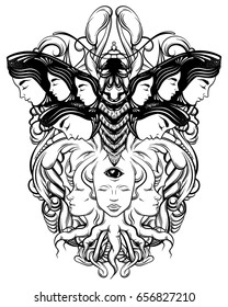 Vector hand drawn illustration of fortune teller with three eyes and moth. Hand sketched creative artwork. Template for card poster, banner, print for t-shirt. Tattoo art.