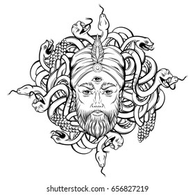 Vector hand drawn illustration of fortune teller with three eyes and bunch of snakes. Hand sketched creative artwork. Template for card poster, banner, print for t-shirt. Tattoo art.