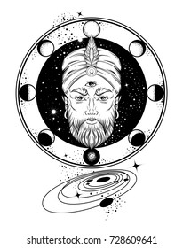 Vector hand drawn illustration of fortune teller with three eyes. Hand sketched creative artwork with planets and moon. Template for card poster, banner, print for t-shirt. Tattoo art.