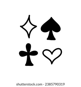 Vector hand drawn illustration of the four cards suits symbols - Spades hearts diamonds and clubs black and white doodle.