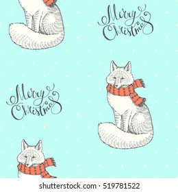 Vector hand drawn illustration with fox in a scarf. Seamless pattern