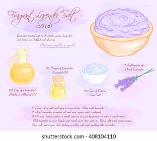 vector hand drawn illustration of fragrant lavender salt scrub recipe.