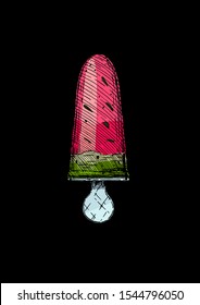 Vector hand drawn illustration of freezer pop in vintage engraved style. Watermelon Popsicles isolated on black background.