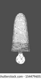 Vector hand drawn illustration of freezer pop in vintage engraved style. Watermelon Popsicles isolated on black background.
