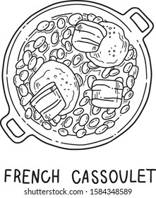 Vector hand drawn illustration of French Cassoulet. Traditional cuisine, traditional dish. Flat and cartoon style, isolated on white background. For menu, restaurants, cafe, market, print design.