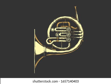 Vector hand drawn illustration of french horn. Isolated on black.