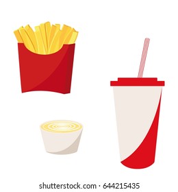 Vector hand drawn illustration of french fries, sauce and soda cup. Fast food.
