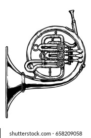 Vector hand drawn illustration of french horn. Black and white, isolated on white.