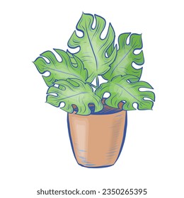 Vector Hand Drawn Illustration of  Fresh Palm Plant in a Pot Isolated on White Background. Hand Drawn Colored Plant in a Pot Vintage Retro Style Design Element. Isolated Vintage Palm Plant Sketch.