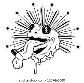 Vector hand drawn illustration of frog with tongue and pill. Tattoo artwork. Template for card, poster, banner, print for t-shirt, pin, badge, patch.