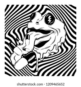Vector hand drawn illustration of frog with tongue and pill. Tattoo artwork. Template for card, poster, banner, print for t-shirt, pin, badge, patch.