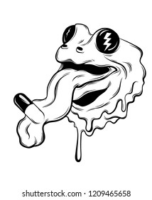 Vector hand drawn illustration of frog with tongue and pill. Tattoo artwork. Template for card, poster, banner, print for t-shirt, pin, badge, patch.