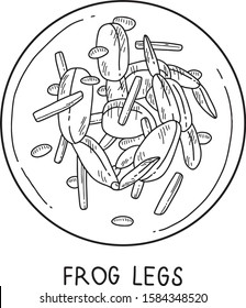 Vector hand drawn illustration of Frog legs. French cuisine. Traditional food, flat and cartoon style, isolated on white background. For menu, restaurants, cafe, market, print design.