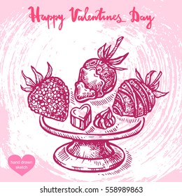 Vector hand drawn illustration of fruits - strawberry, candies on the plate and background with abstract paper texture.Valentines dinner food sketch.Linear art in vintage style for design.