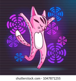 Vector hand drawn illustration of funny dancing cat on disco party. Cute animal character with neon lights on background