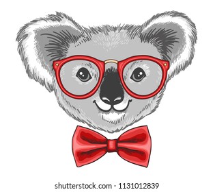 Vector hand drawn illustration of funny little koala bear in glasses and a bow tie 