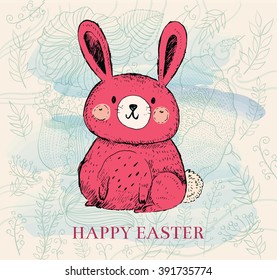 Vector hand drawn illustration with funny little bunny. Happy Easter greeting card with bunny, eggs and flowers