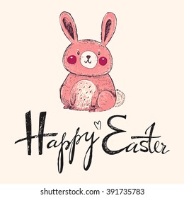 Vector hand drawn illustration with funny little bunny. Happy Easter greeting card