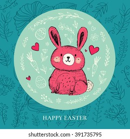 Vector hand drawn illustration with funny little bunny. Happy Easter greeting card with bunny, eggs and flowers