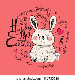 Vector hand drawn illustration with funny little bunny. Happy Easter greeting card with bunny, eggs and flowers