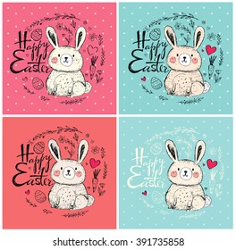 Vector hand drawn illustration with funny little bunny. Happy Easter greeting card with bunny, eggs and flowers