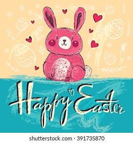 Vector hand drawn illustration with funny little bunny. Happy Easter greeting card