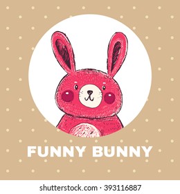 Vector hand drawn illustration with funny little bunny. Happy Easter greeting card with bunny, eggs and flowers