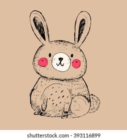 Vector hand drawn illustration with funny little bunny.