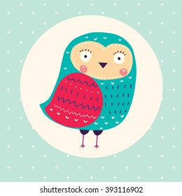 Vector hand drawn illustration with funny owl. Beautiful card with cute little owl.
