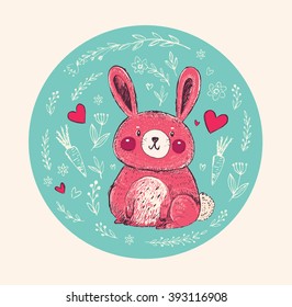 Vector hand drawn illustration with funny little bunny.