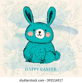 Vector hand drawn illustration with funny little bunny. Happy Easter greeting card with bunny, eggs and flowers