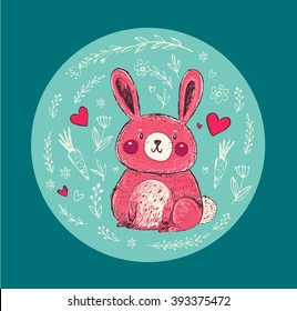 Vector hand drawn illustration with funny little bunny.