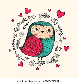 Vector hand drawn illustration with funny owl. Beautiful card with cute little owl.
