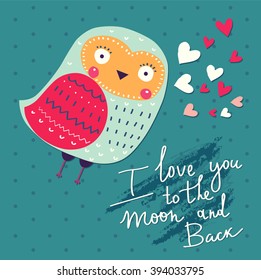 Vector hand drawn illustration with funny owl. Beautiful card with cute little owl.