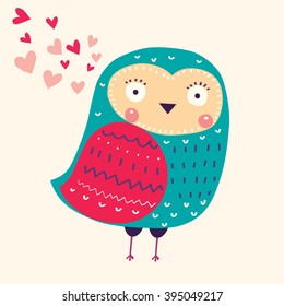 Vector hand drawn illustration with funny owl. Beautiful card with cute little owl.
