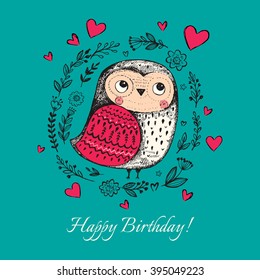 Vector hand drawn illustration with funny owl. Beautiful card with cute little owl.
