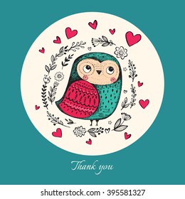 Vector hand drawn illustration with funny owl. Beautiful card with cute little owl.
