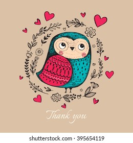 Vector hand drawn illustration with funny owl. Beautiful card with cute little owl.
