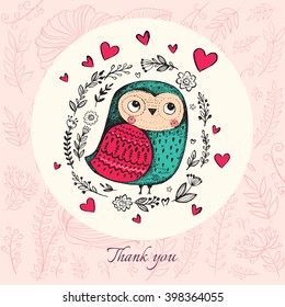 Vector hand drawn illustration with funny owl. Beautiful card with cute little owl.
