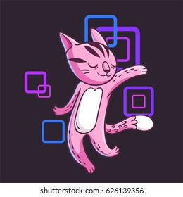 Vector hand drawn illustration of funny dancing cat on disco party. Cute animal character with neon lights on background. Can be used for print on clothes, banners, postcards and stickers.