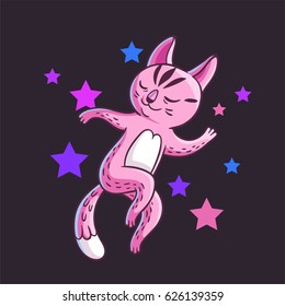 Vector hand drawn illustration of funny dancing cat on disco party. Cute animal character with neon lights on background. Can be used for print on clothes, banners, postcards and stickers.