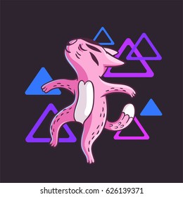 Vector hand drawn illustration of funny dancing cat on disco party. Cute animal character with neon lights on background. Can be used for print on clothes, banners, postcards and stickers.